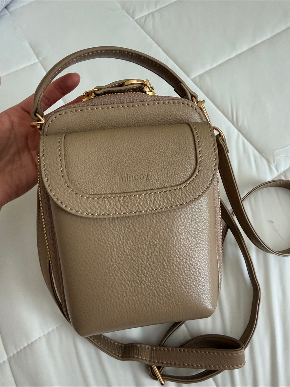Compact Taupe Mini Crossbody Bag with Top Handle - Picture 10 of 10
